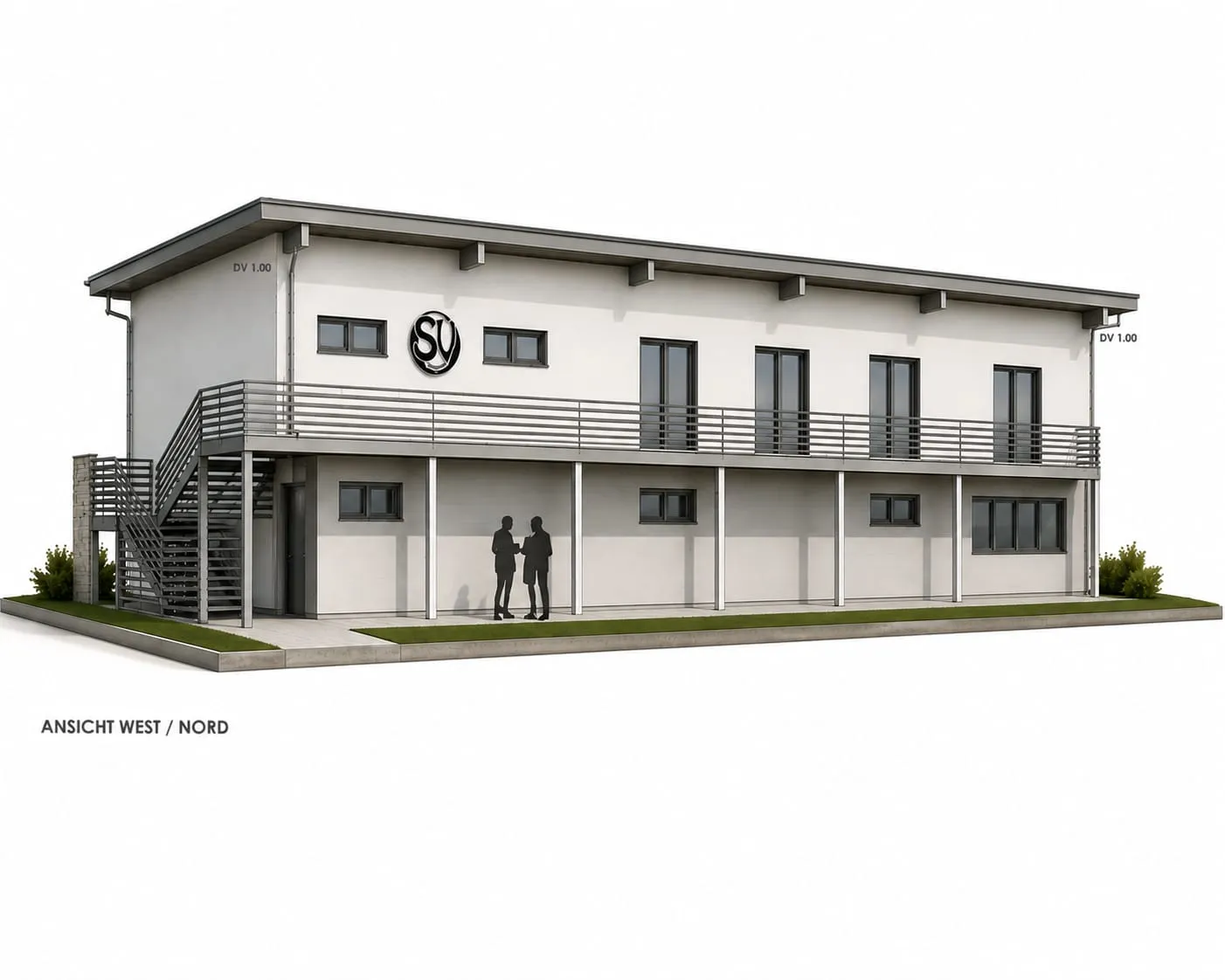 So soll das neue Clubhaus aussehen: zweigeschossiger Bau mit umlaufendem Balkon zum Spielfeld und Vereinswappen an der Fassade