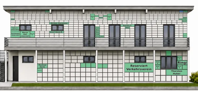 Digitale Fassade des neuen Clubhauses mit den bereits vergebenen Kacheln und den Namen der Spender