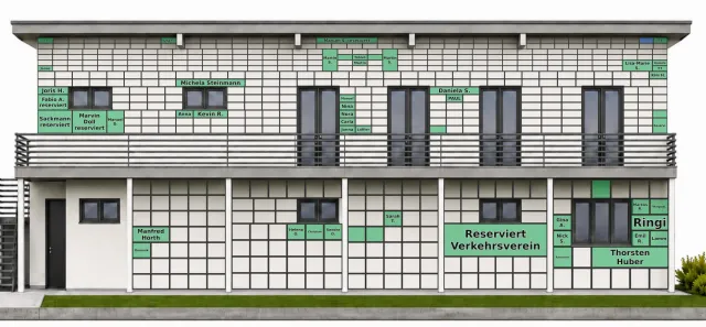 Digitale Fassade des neuen Clubhauses mit den bereits vergebenen Kacheln und den Namen der Spender