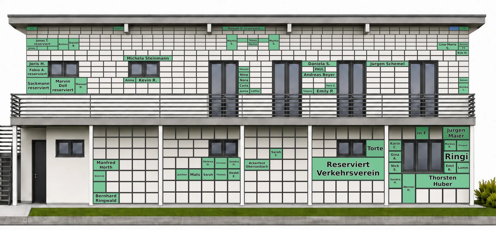 Digitale Fassade des neuen Clubhauses: Plan mit den vergebenen Kacheln