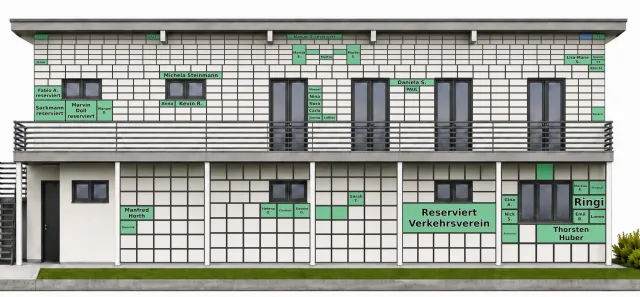 Digitale Fassade des neuen Clubhauses mit den bereits vergebenen Kacheln und den Namen der Spender