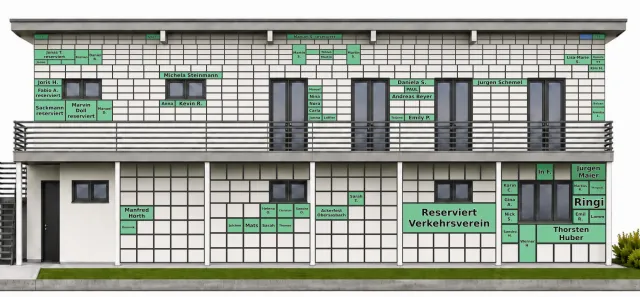 Digitale Fassade des neuen Clubhauses mit den bereits vergebenen Kacheln und den Namen der Spender