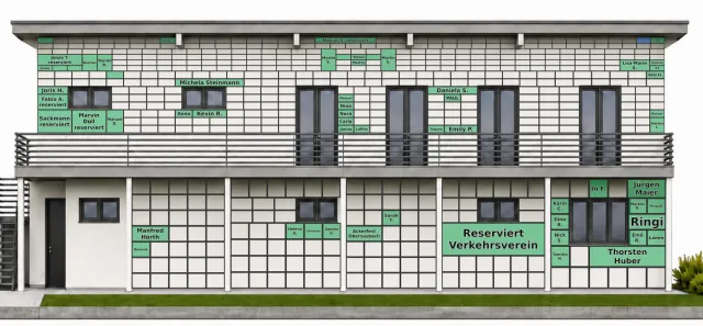Digitale Fassade des neuen Clubhauses mit den bereits vergebenen Kacheln und den Namen der Spender