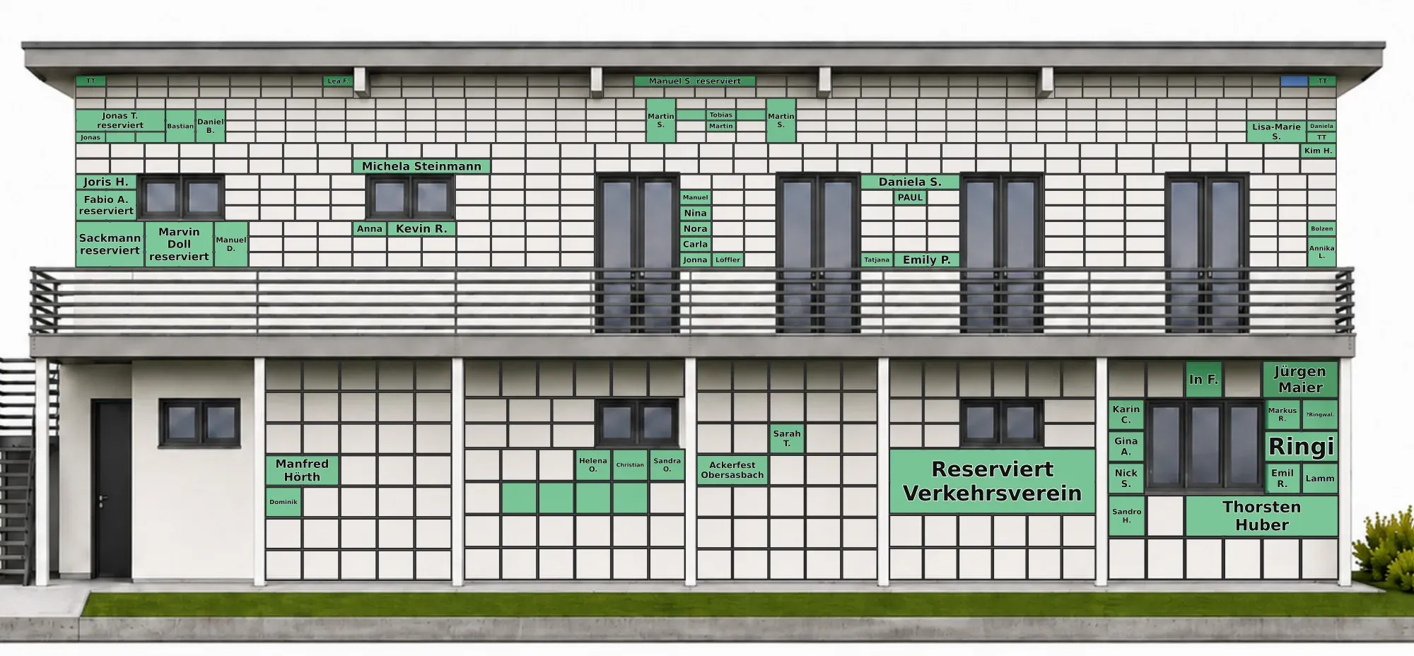 Digitale Fassade des neuen Clubhauses: Plan mit den vergebenen Kacheln